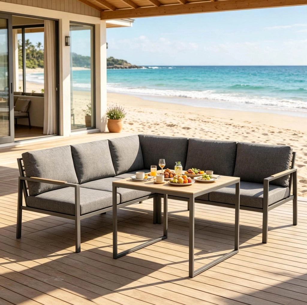 Set salotto da giardino angolare a L 5 posti con tavolino 183x183 cm; grigio scuro