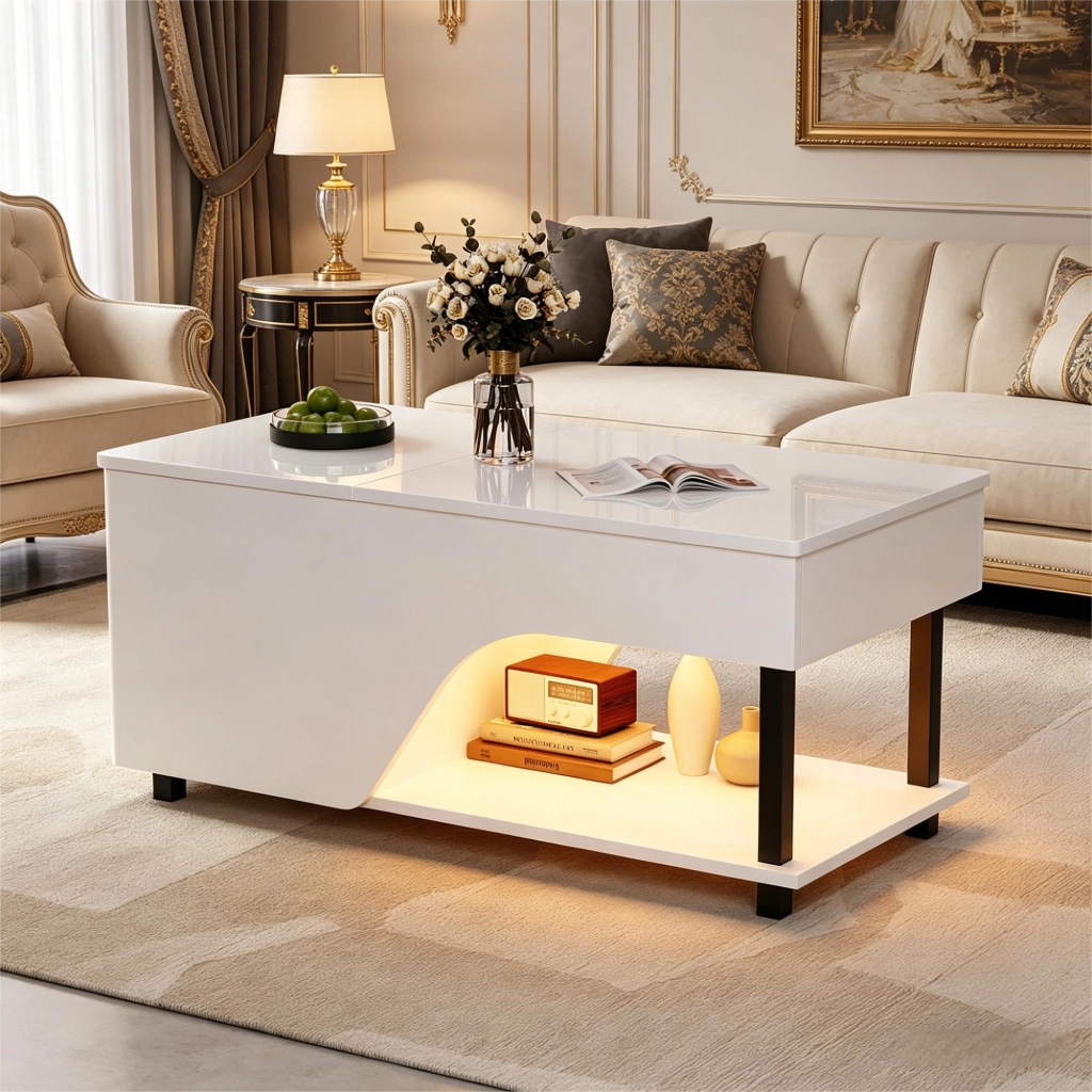Tavolino da Caff¨¨ con LED e Vano Nascosto ¨C MINIMAL ¨C Bianco Lucido 50x100x46