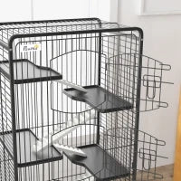 Gabbia per Piccoli Animali con Ruote, 5 Rampe e 5 Piattaforme, Ciotola e Bottiglia, 61.5x44x131 cm, Nero