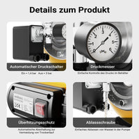 Autoclave con serbatoio uso domestico a membrana, 24 l, 1300 W, pompa per acqua automatica da 5000 l/h con pressostato e prefiltro, prevalenza 50 m, profondità di aspirazione di 8 m