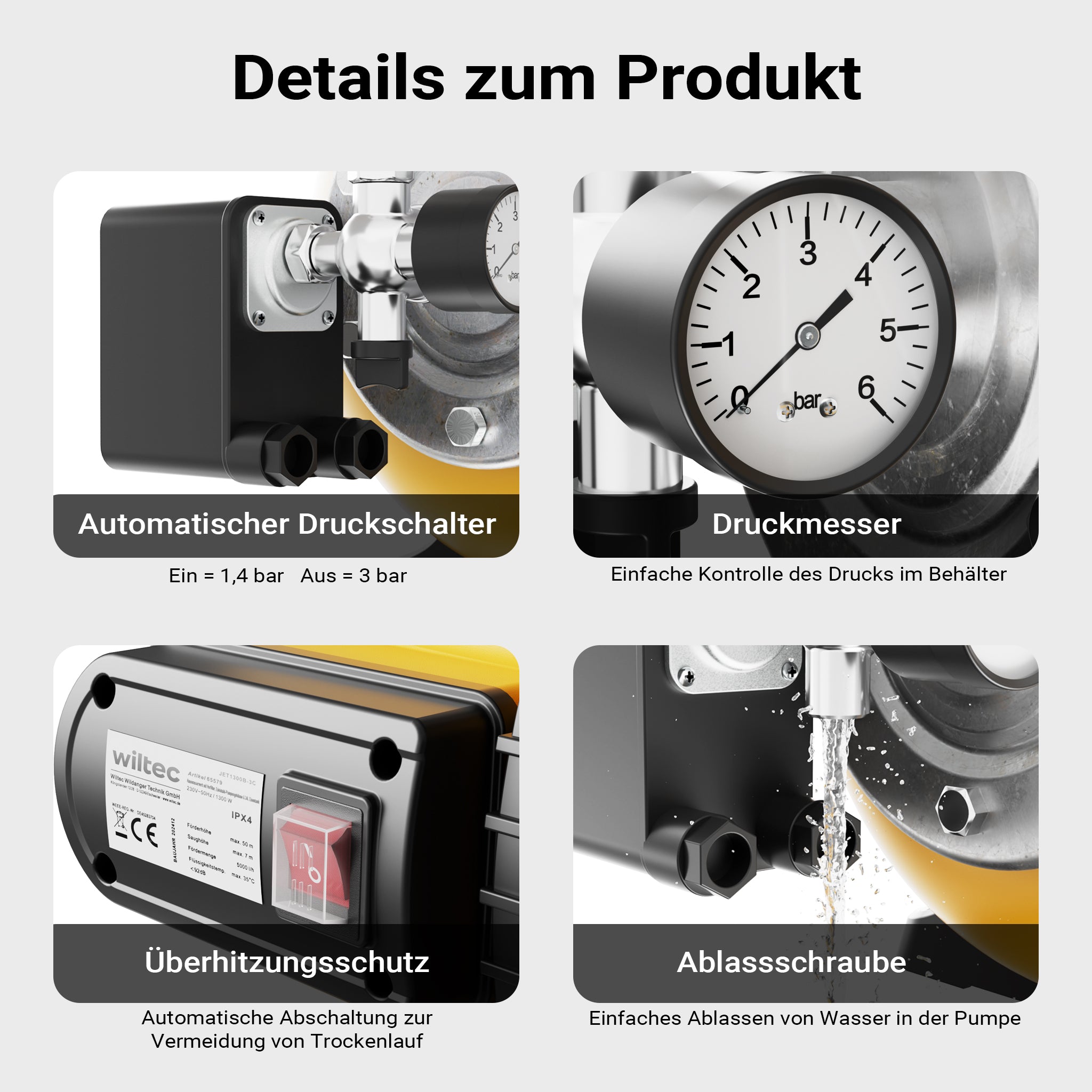 Autoclave con serbatoio uso domestico a membrana, 24 l, 1300 W, pompa per acqua automatica da 5000 l/h con pressostato e prefiltro, prevalenza 50 m, profondità di aspirazione di 8 m