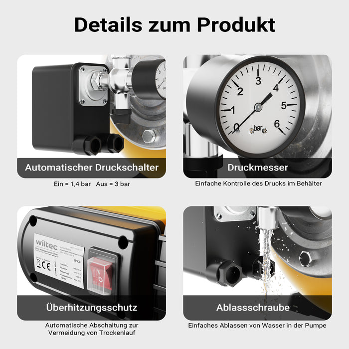 Autoclave con serbatoio uso domestico a membrana, 24 l, 1300 W, pompa per acqua automatica da 5000 l/h con pressostato e prefiltro, prevalenza 50 m, profondità di aspirazione di 8 m