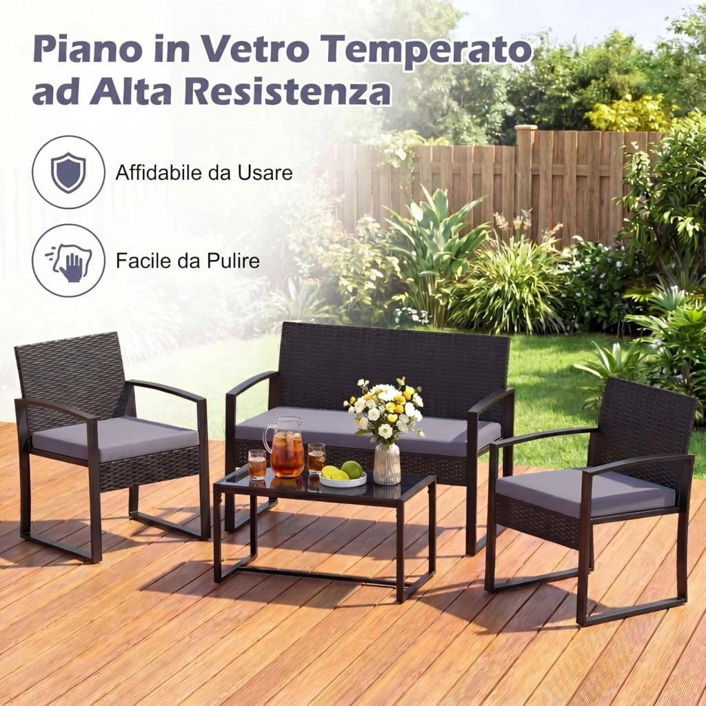 Set di Salotto da Esterno in Rattan PE, Mobili da Giardino con Divano 2 Posti, 2 Poltrone, Tavolino in Vetro Temperato e Cuscini Morbidi, Set Salottino per Terrazza, Balcone, Piscina (Grigio)