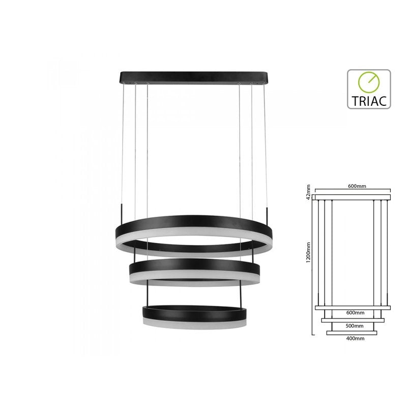 Lampada Led A Sospensione Rotonda Colore Nero Tripli Anelli Diametro 600mm 500mm 400mm 3000K 80W Dimmerabile Triac Dimmer SKU-3990