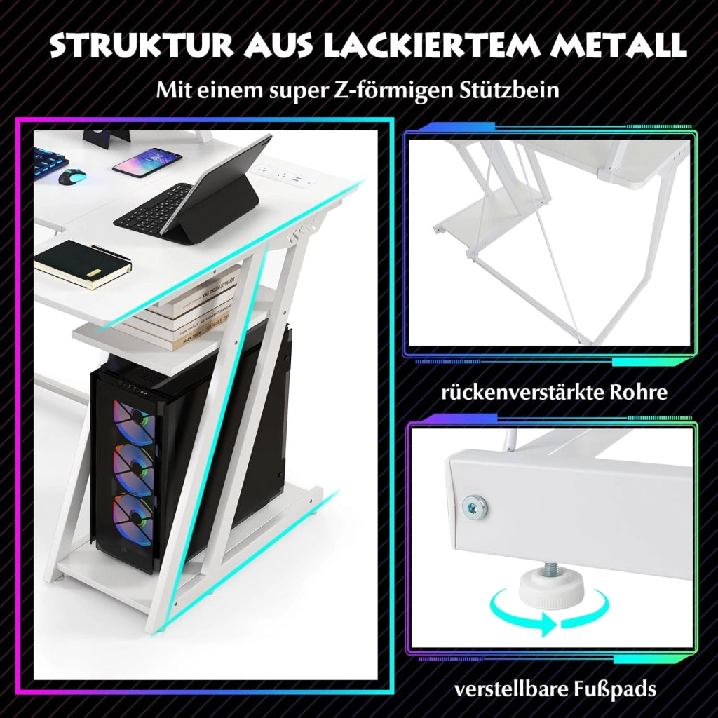 Scrivania per computer con base di ricarica integrata, scrivania per gaming con telaio in metallo e ripiano per monitor, scrivania per PC con supporto per CPU e gancio per cuffie dal look