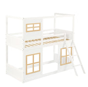 Letto a castello per bambini in pino, MDF e compensato, bianco e naturale, 90x200 cm con finestre decorative e scala robusta