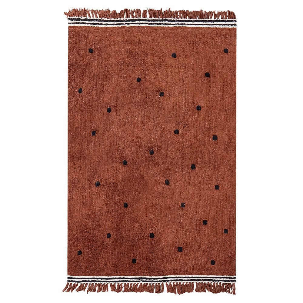 Tappeto moderno in cotone marrone con pois neri e frange rettangolare 140 x 200 cm soggiorno moderno