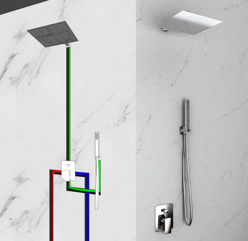 Kit Doccia 2 Vie Soffione Acciaio Inox  Slim 2 mm + Braccio Doccia + Presa Acqua + Flessibile + Doccino Soffione 25x25 cm con Braccio da Parete