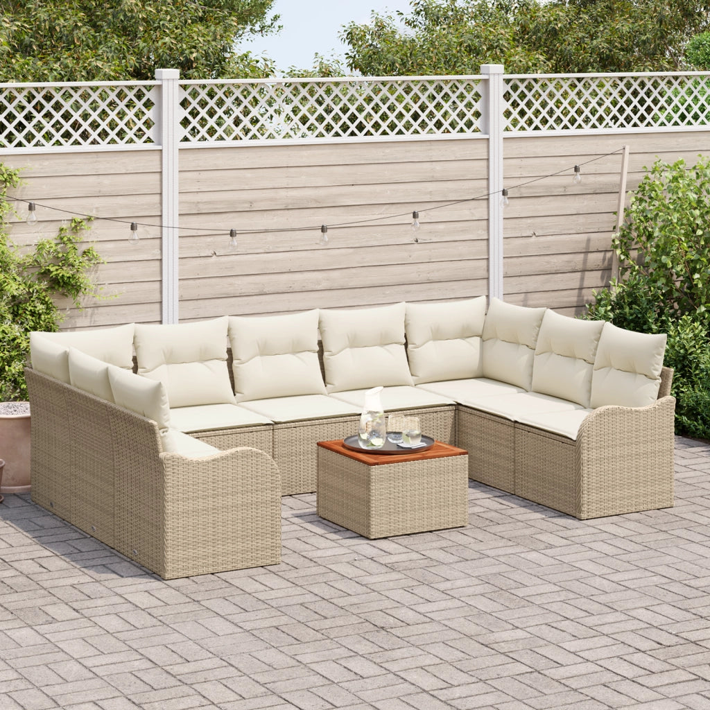 Set Divano da Giardino  10 Pezzi con Cuscini Beige Polyrattan Acacia