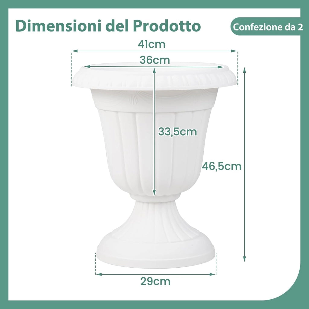 Set di 2 Vasi Alti, Vasi per Fiori in Plastica a Forma di Urna con Base a Piedistallo e Foro di Drenaggio, Contenitori Decorativi per Piante per Interni ed Esterni (Bianco)