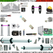 Kit Automazione Cancello 7 Metri 2 Ante da 3,5 MT Motori Elettromeccanici Reversibili 230 V Centrale 2 Fotocellule 2 Radiocomandi Salvavita Faro Serratura Paletto Selettore Scatole Fusibili 2 Cavi