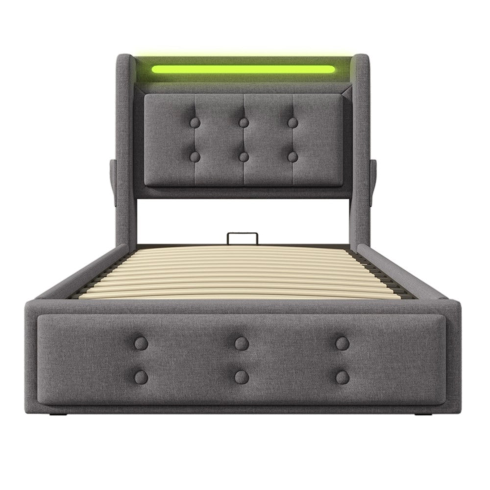 Letto Imbottito Singolo con Testiera LED e USB ¨C MINIMAL ¨C Grigio, Doghe in Legno, 90x200