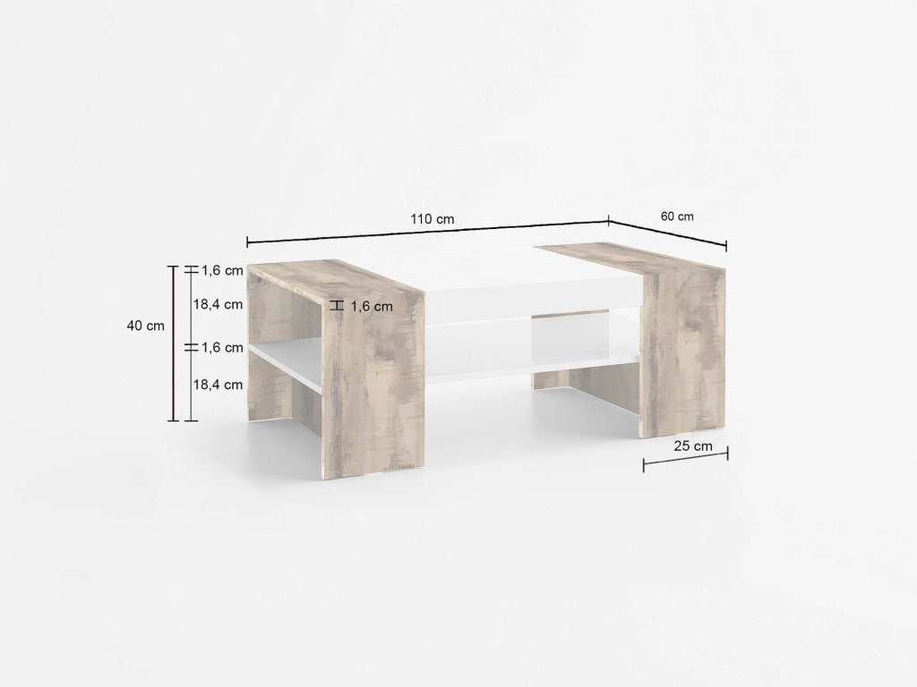 Tavolino da Ashar, Made in Italy, Tavolo da salotto, cm 110x60h40, Bianco lucido e Acero