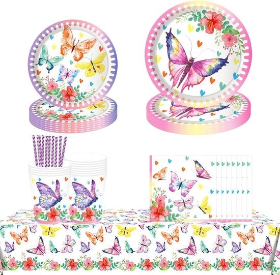 Servizio da tavola per festa di compleanno 70 pezzi - Piatti in carta - Tavola con disegno farfalla - Bicchieri e tovaglioli - Festa per 8 ospiti