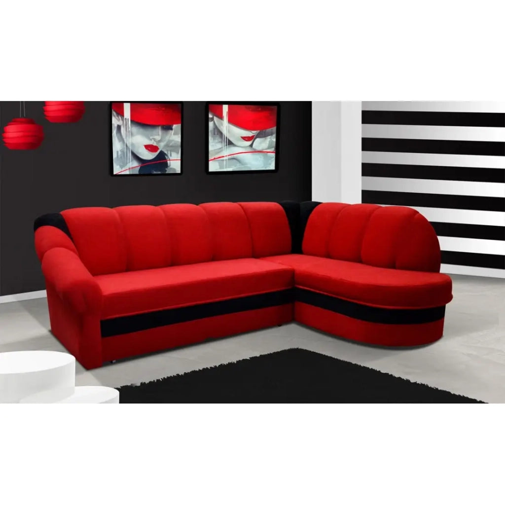 Divano angolare destro convertibile BENANA 250 cm rosso e nero con vano contenitore