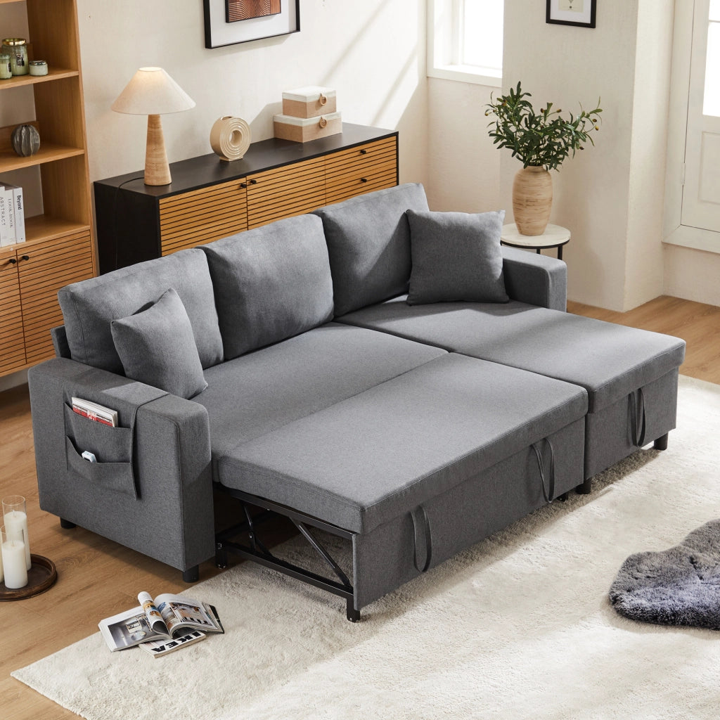 DIVANO LETTO Angolare reversibile 219,5x142,5x83 cm Lino Grigio Scuro con 2 cuscini