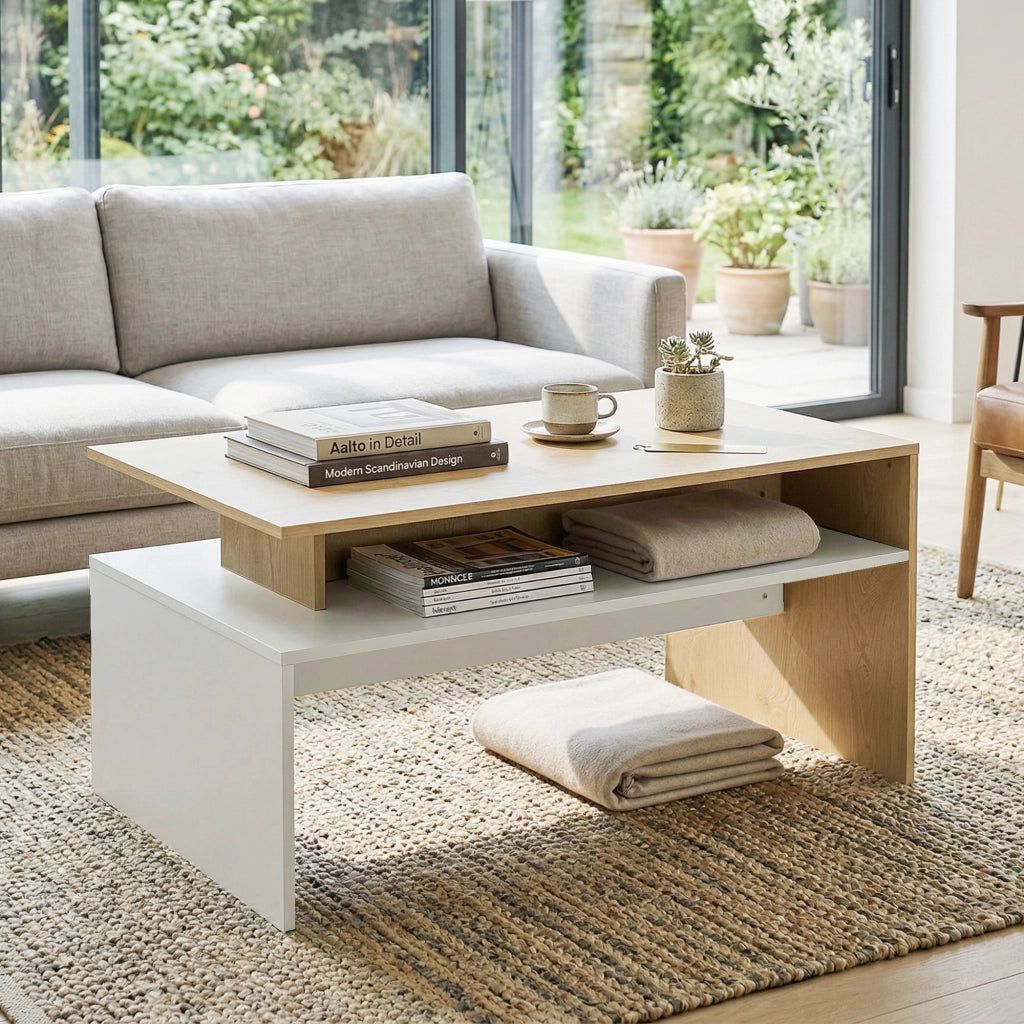 Tavolino da Salotto Bicolore con Mensola Asimmetrica. 95x55x50 cm. Legno Naturale e Bianco