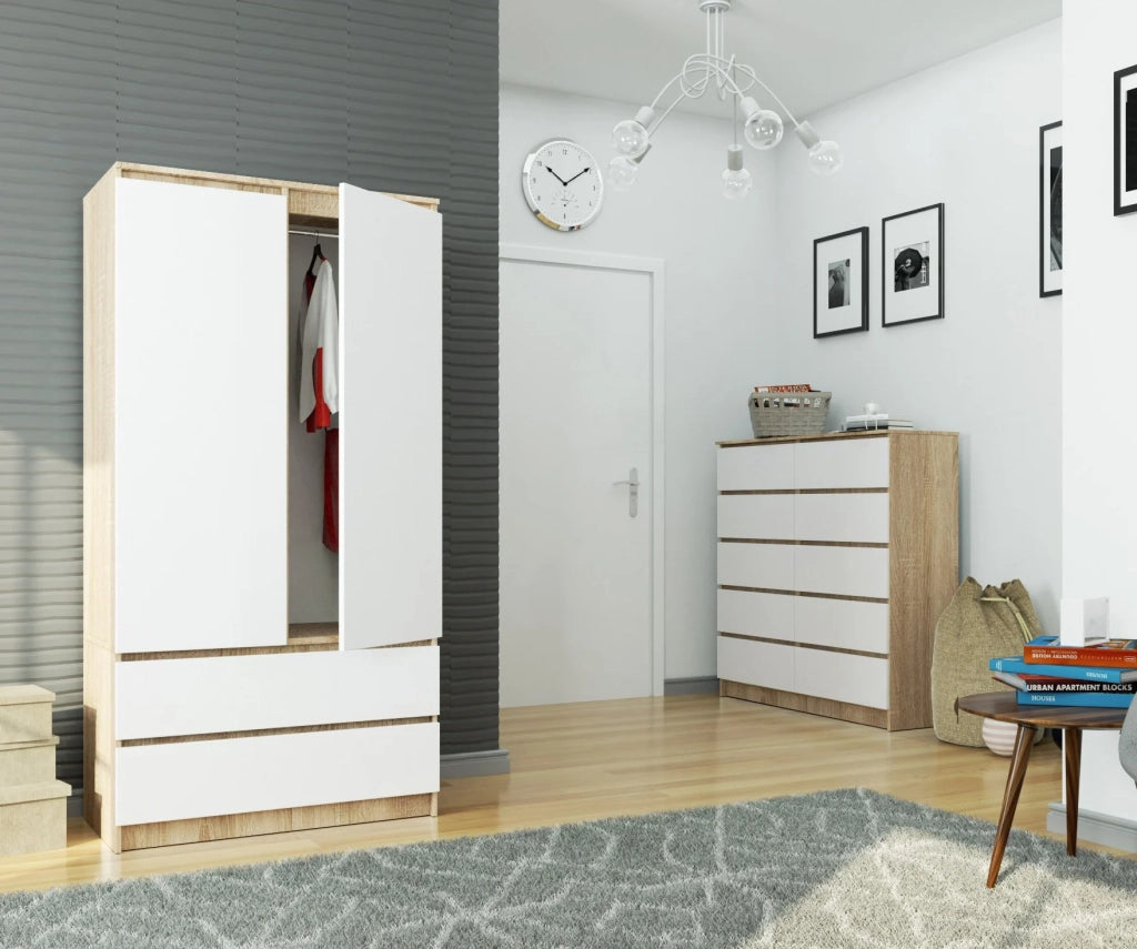 Armadio AKORD S90 Sonoma Quercia 90 cm 2 ante 2 cassetti inserto frontale Bianco 90x51x180 cm