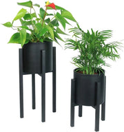 Set di vasi per piante in metallo nero - insieme di 2 vasi per piante con basi - altezze 23 e 33cm - per uso interno ed esterno - vassoio per fiori - vaso per erbe.