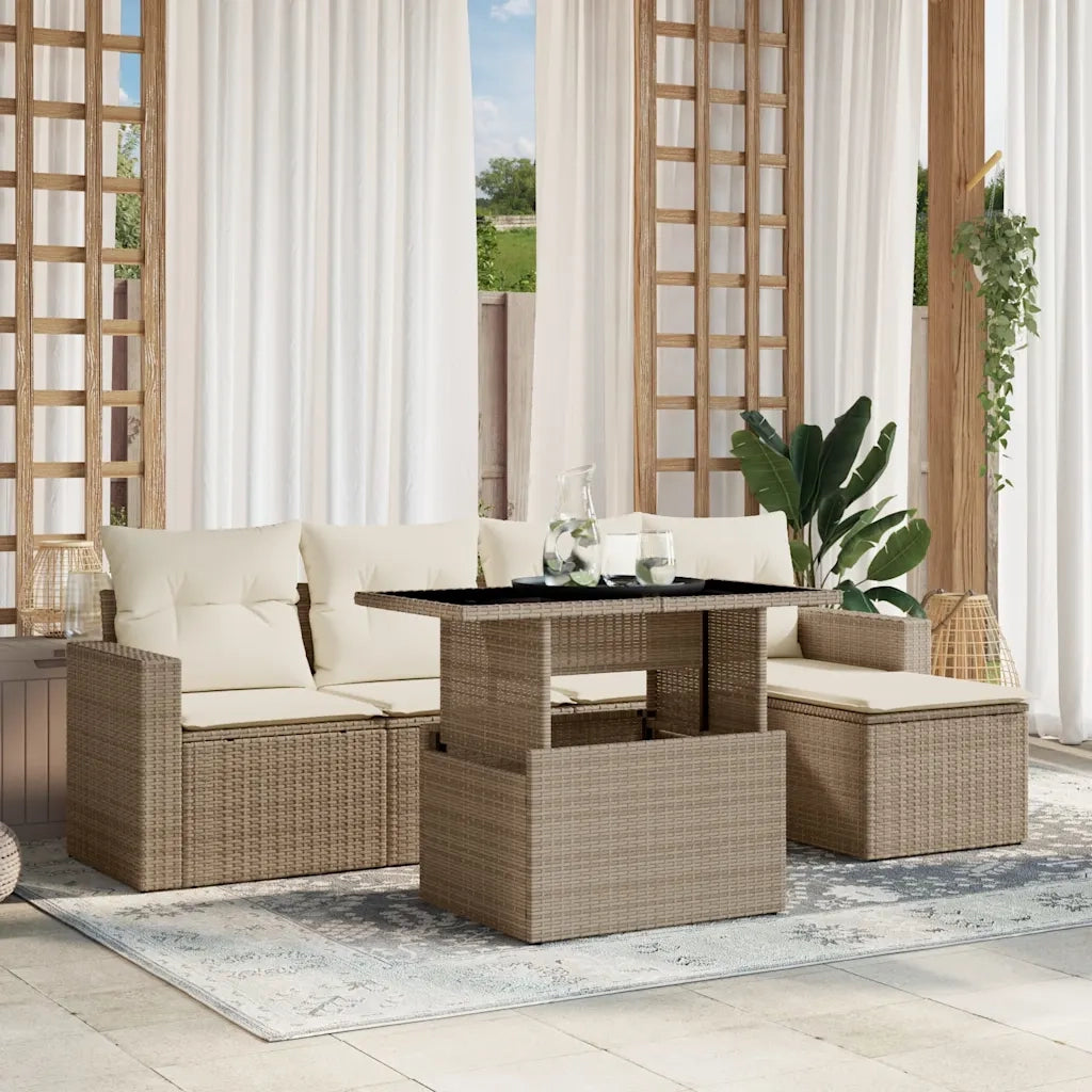 Set Divano da Giardino 6 pz con Cuscini Beige in Polyrattan