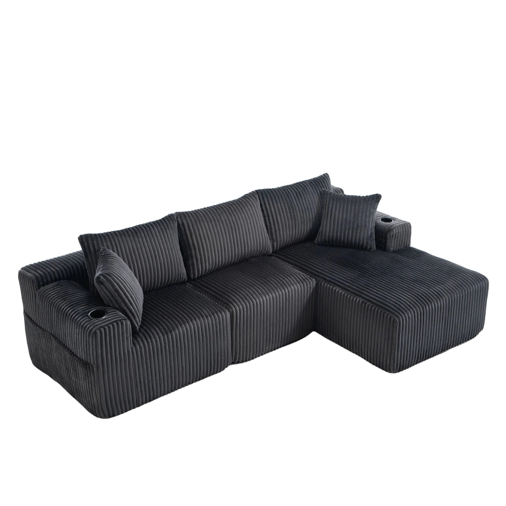 Divano modulare con chaise longue e 2 posti, tasche laterali, portabicchieri e 5 cuscini in tessuto a coste grigio