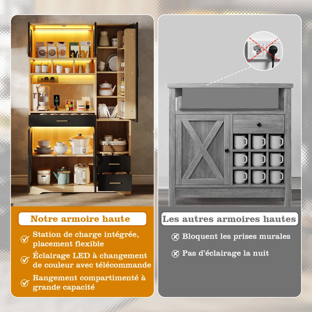 Credenza alta con vetrina e LED a colori, ripiani regolabili, 1 cassetto, prese e porte USB per cucina e soggiorno 185 × 105 × 40 cm
