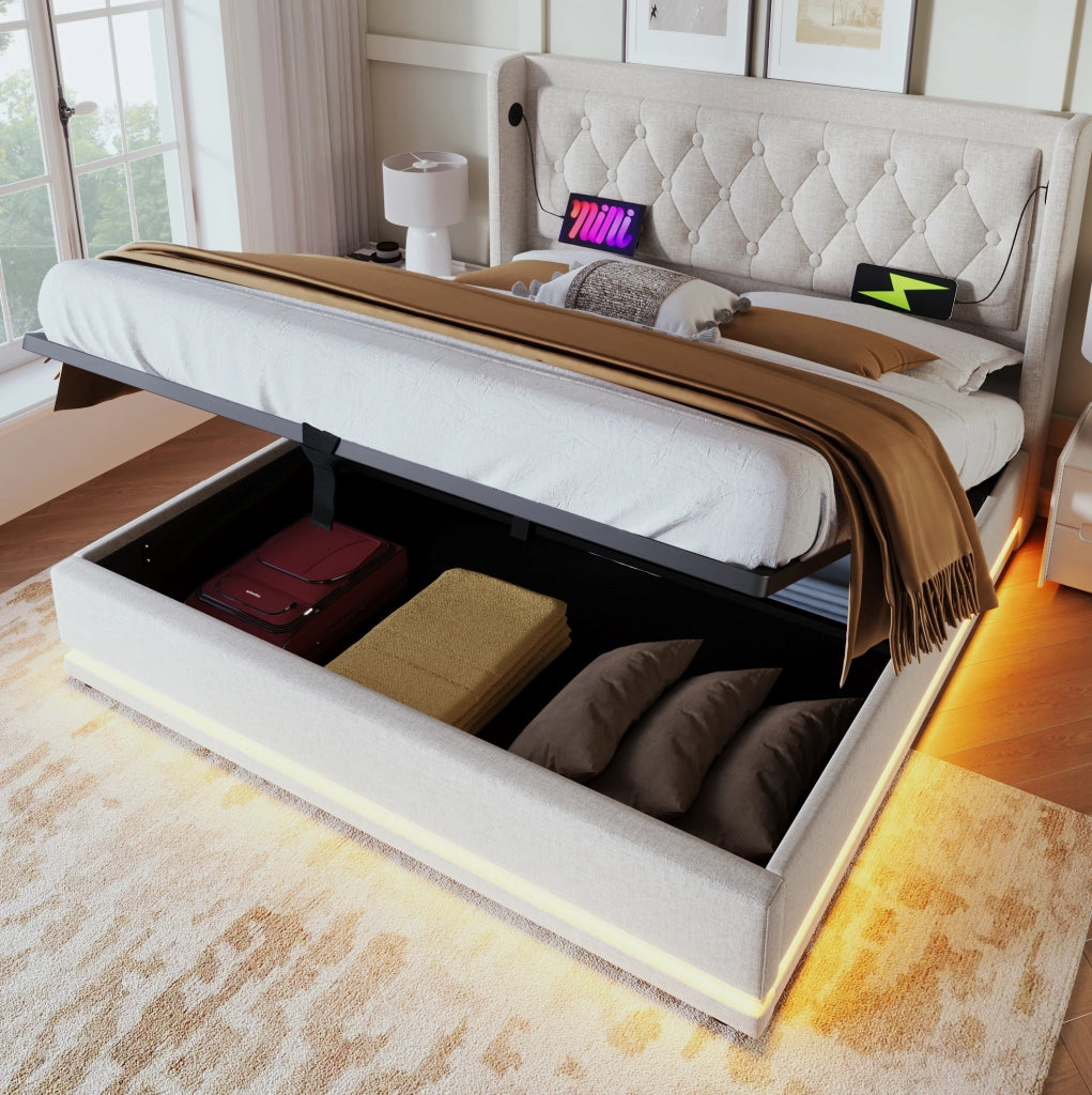 Letto matrimoniale imbottito 140x200 cm con contenitore; USB Type-C e LED; cotone beige (Senza materasso)
