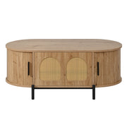 Tavolino da salotto ovale con 3 ante scorrevoli in rattan; vano contenitore; per soggiorno; MDF naturale 100 × 50 × 40 cm