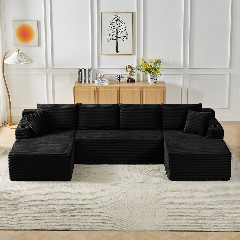 Divano modulare a U in velluto a coste per soggiorno senza montaggio con seduta profonda e design ergonomico nero