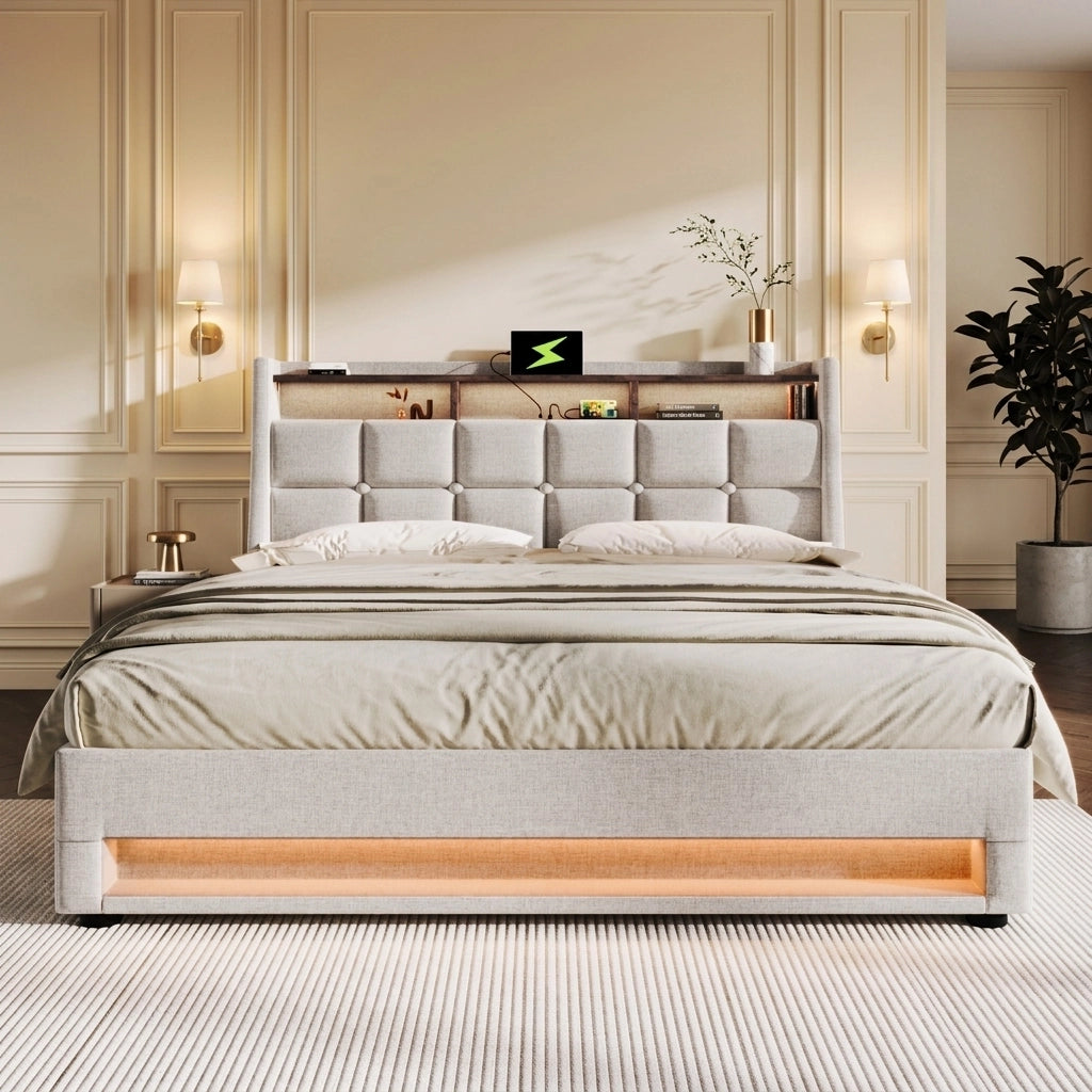 Letto Contenitore 180x200 cm; USB e LED; Testiera Imbottita - in Lino - Beige