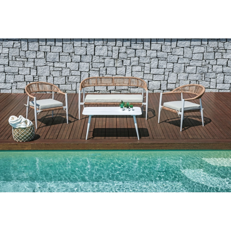 Salotto Milano In Alluminio Bianco + Seduta E Schienale In Wicker Paglia Moia