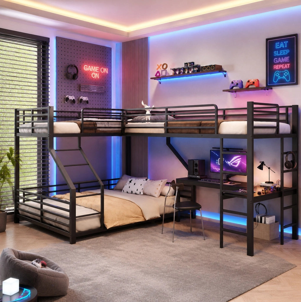 Letto a castello triplo in metallo nero con scrivania e prese USB