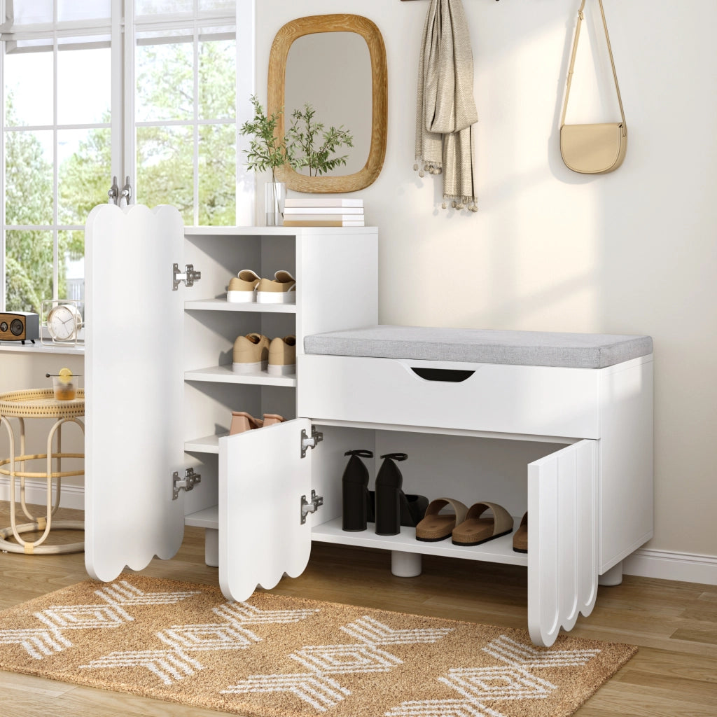 Scarpiera con 3 Ante; 1 Cassetto e Seduta Imbottita; Stile Moderno; in MDF; 90×35×74;5 cm; Bianco