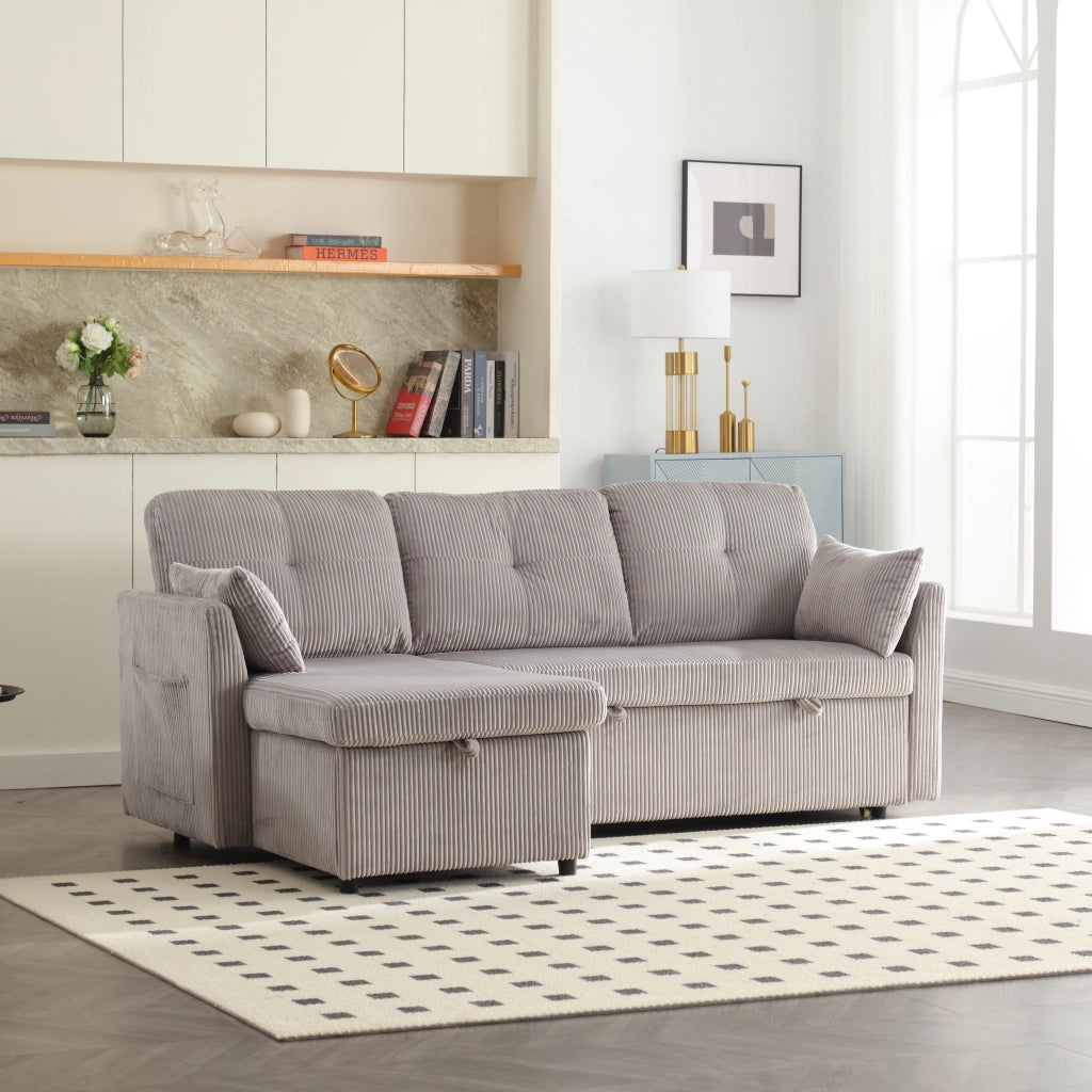 SOFA LETTO Modulare con contenitore, chaise longue intercambiabile, 206x108x66 cm, Corduroy grigio chiaro