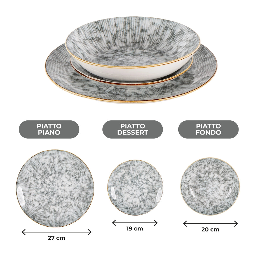Set Piatti 18 Pezzi in Porcellana per 6 Persone Servizio Tavola Moderno Grigio