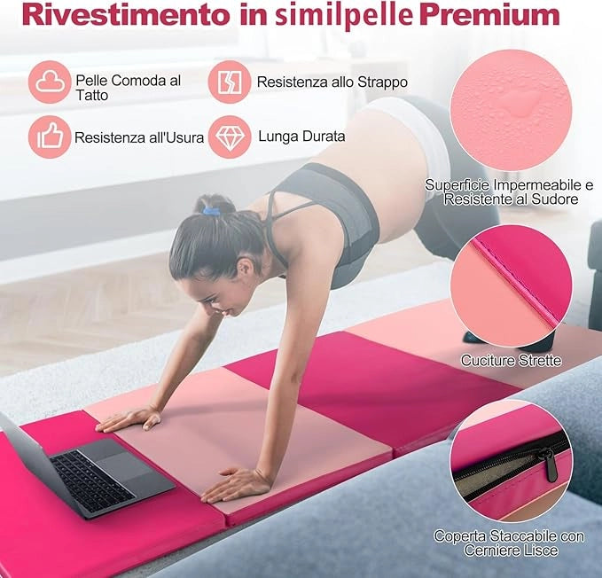 Tappetino Fitness Yoga, 240x120x5 cm, 4 Segmenti Pieghevoli, Materassino da Ginnastica, Impermeabile in Schiuma PU, con Manici, Leggero e Portabile, Trasporto Facile(Rosa)