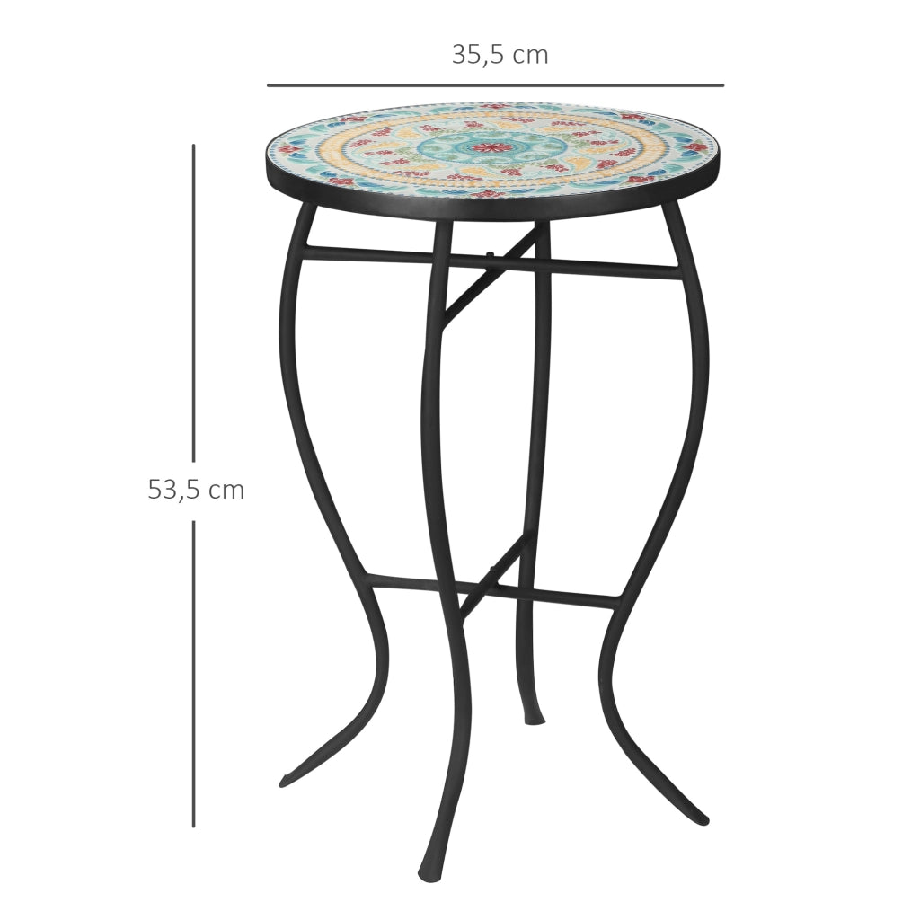 Tavolino da giardino rotondo con mosaico e gambe in metallo ¨C Zephmum ¨C 35,5x35,5x53,5 cm Turchese