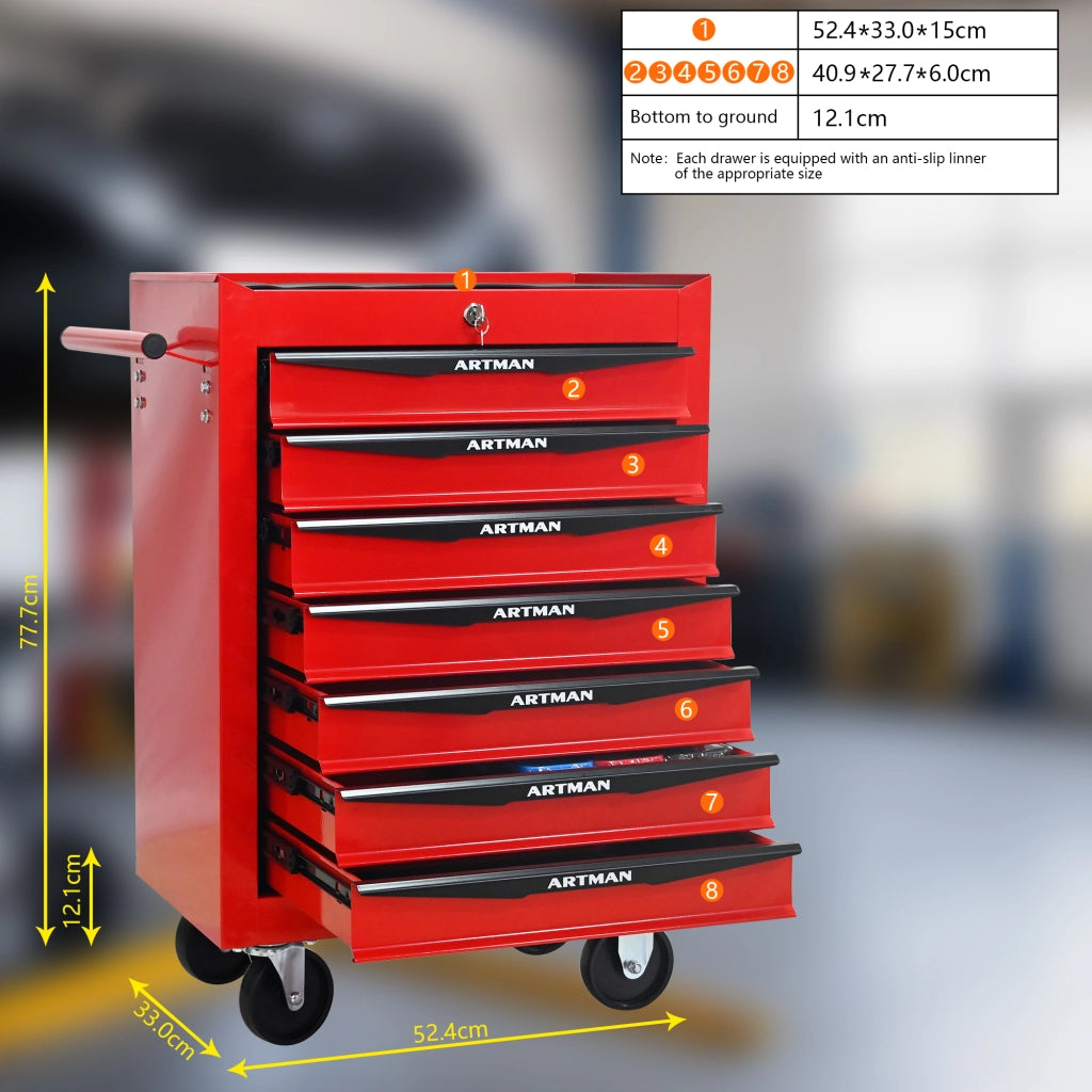 Mobile contenitore con 6 cassetti e ruote, chiudibile, in acciaio, per garage e officina, rosso e nero, 60 × 33 × 77,5 cm