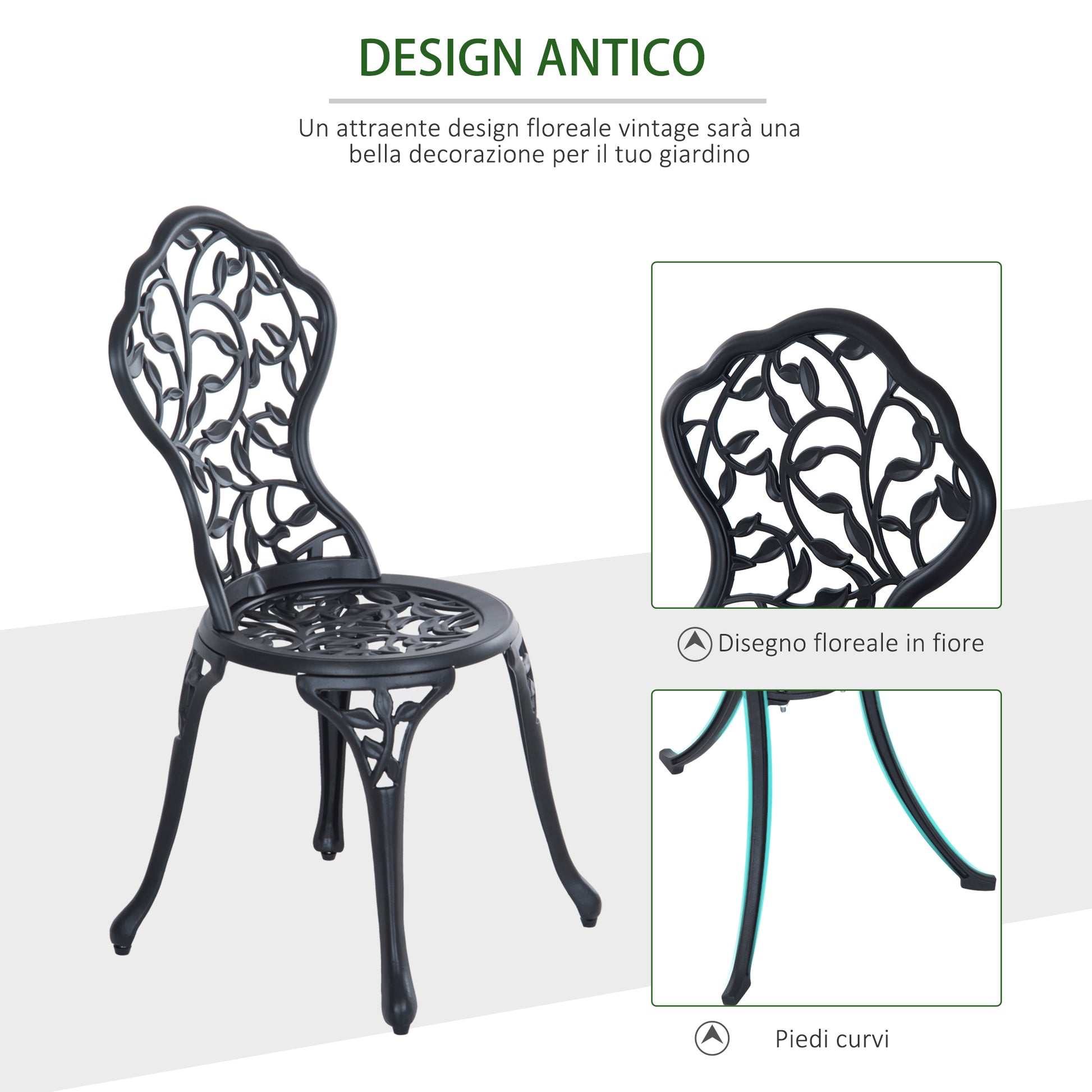 Set 3 Pezzi da Giardino con 2 Sedie da Esterno e Tavolo Rotondo in Alluminio Nero