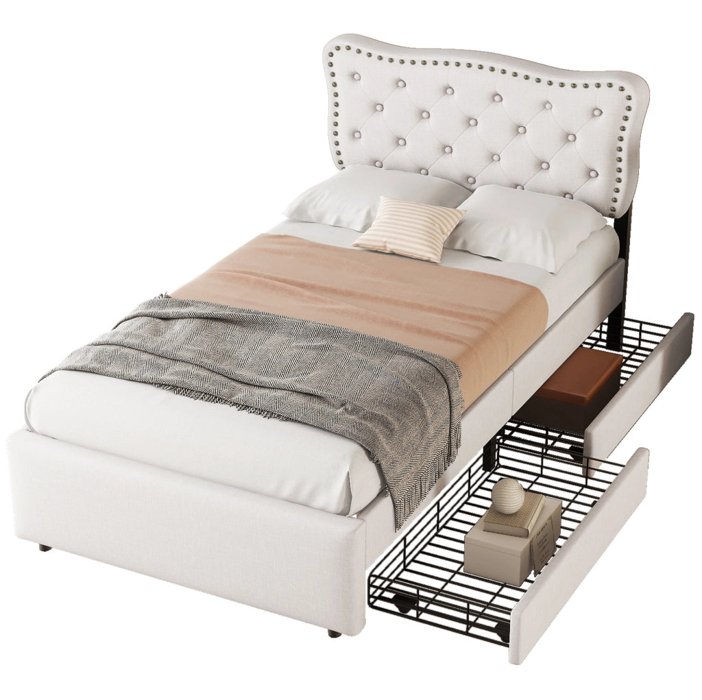 Letto imbottito 90x200 cm con cassetti; bottoni decorativi; MDF; beige chiaro