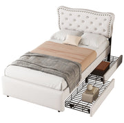 Letto imbottito 90x200 cm con cassetti; bottoni decorativi; MDF; beige chiaro