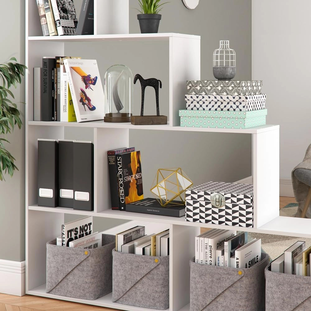 Scaffale per scale, Bianco, 163 x 155 cm, utilizzabile come divisorio con ripiani aperti