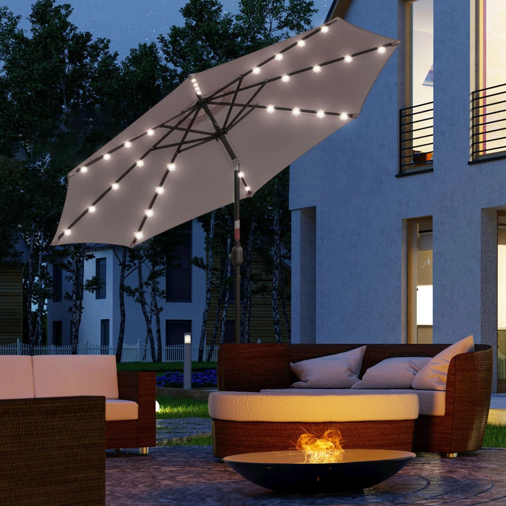 Ombrellone da Giardino Inclinabile ?265 cm con 32 Luci LED Solari e Manovella, Grigio