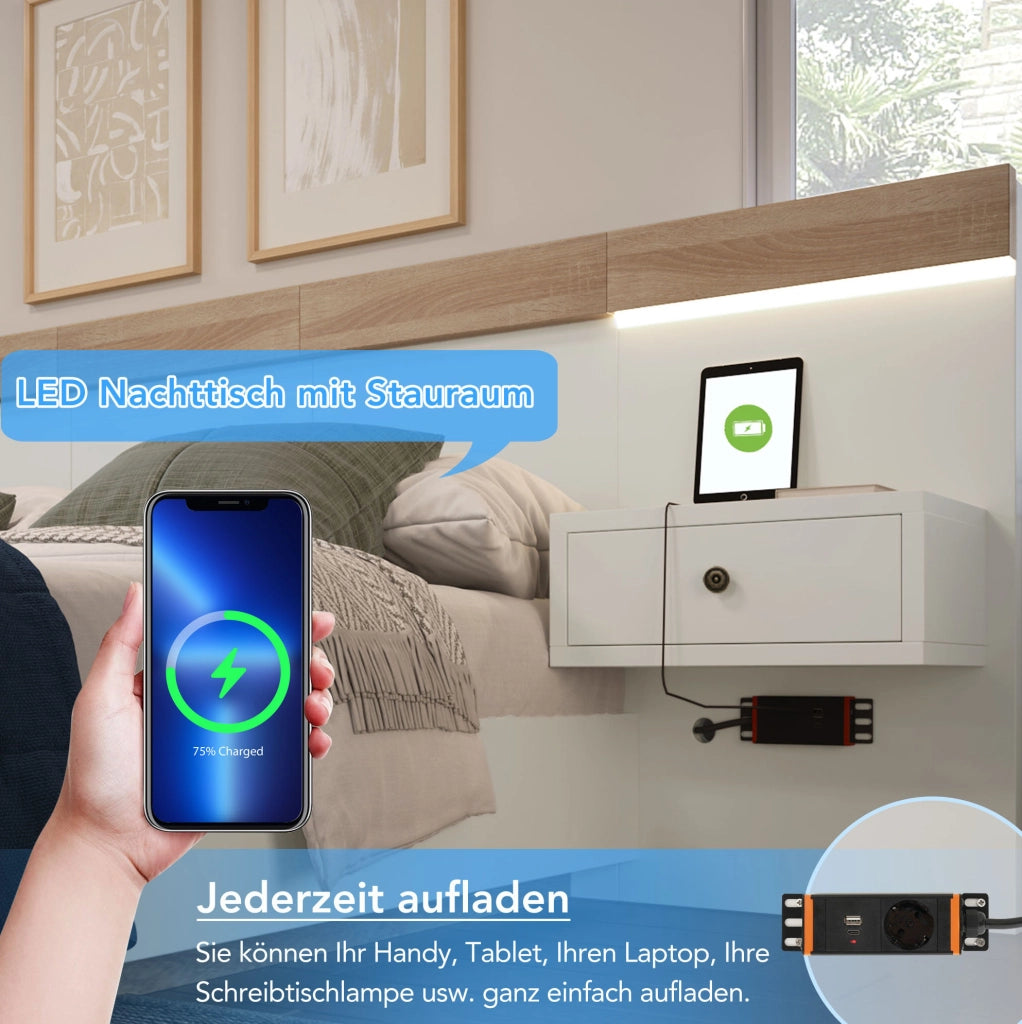 Letto matrimoniale 140x200 cm con comodini LED e prese USB-C