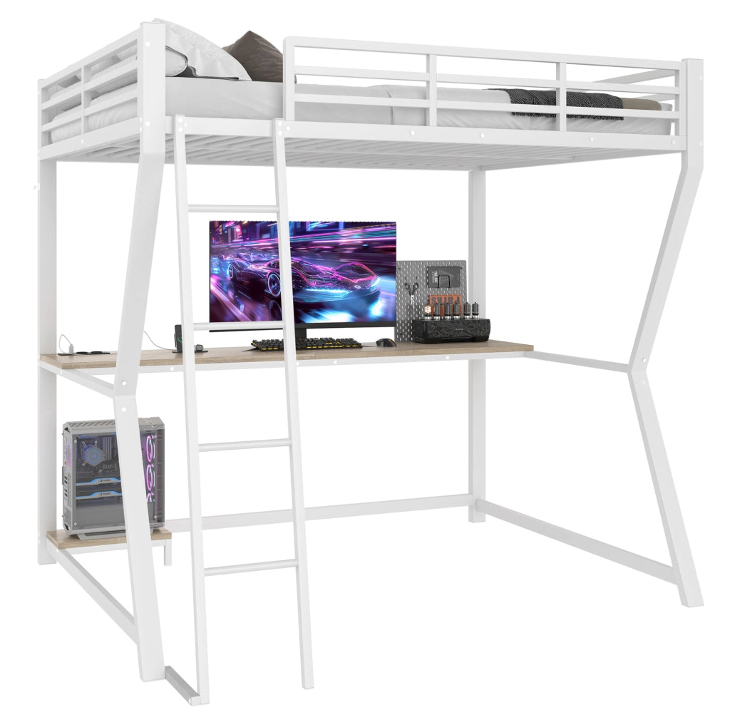 Letto a soppalco 140x200 cm bianco con scrivania, LED, prese USB e scala