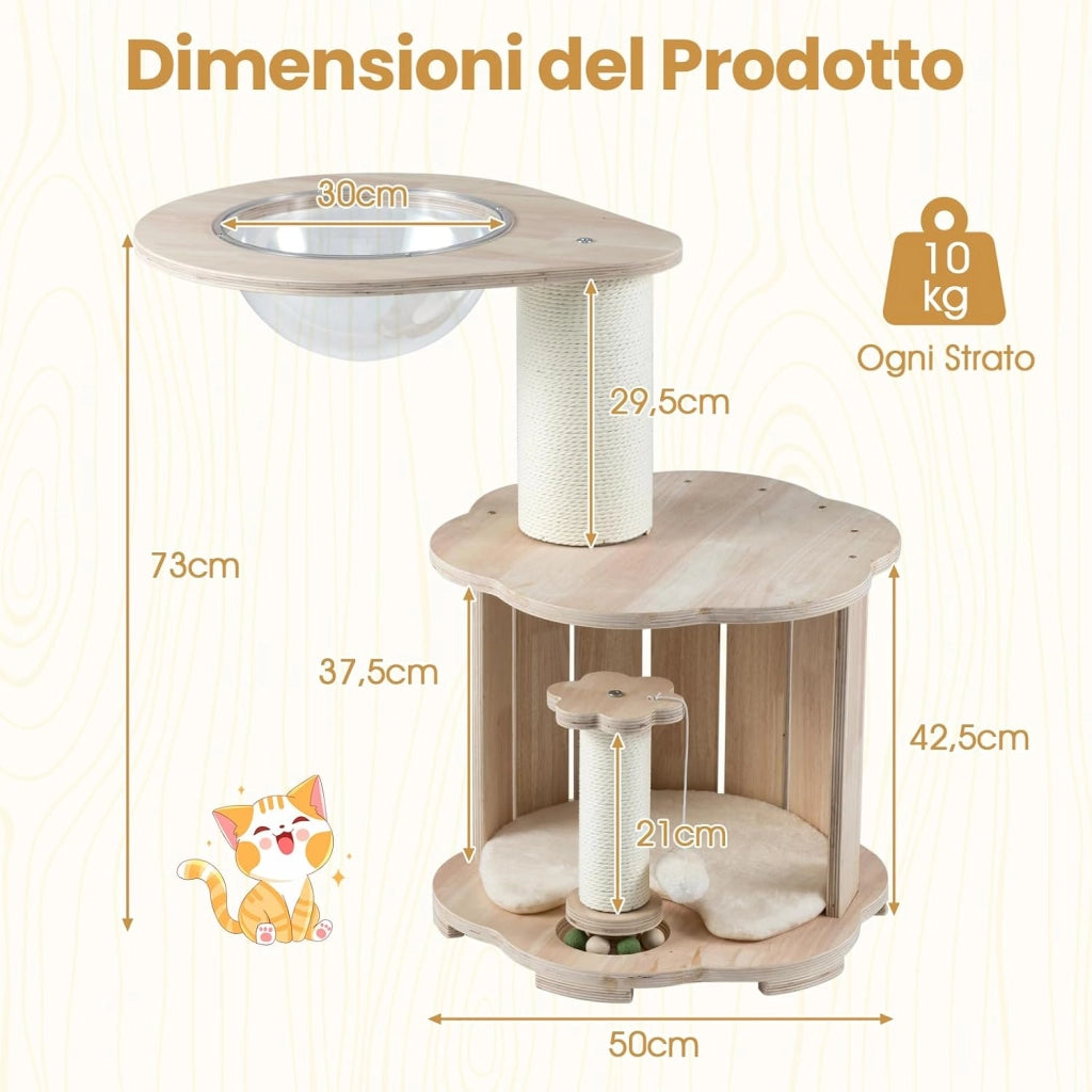 Albero per Gatti Alto 74 cm, Tiragraffi per Gatti in Legno con Condo, Capsula Spaziale, Tiragraffi, Gioco Interattivo con Pista per Palline in Legno, Pallina Appesa e Tappetino Lavabile