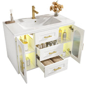 Mobile bagno sospeso con 2 cassetti; 2 ante e ripiani regolabili con LED e lavabo; per bagno; 76×46×55 cm; bianco