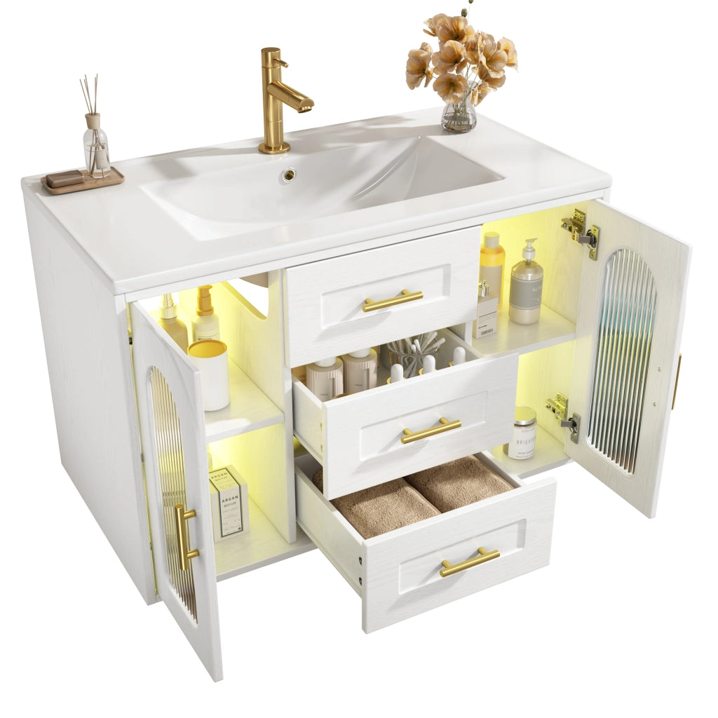 Mobile bagno sospeso con 2 cassetti; 2 ante e ripiani regolabili con LED e lavabo; per bagno; 76×46×55 cm; bianco