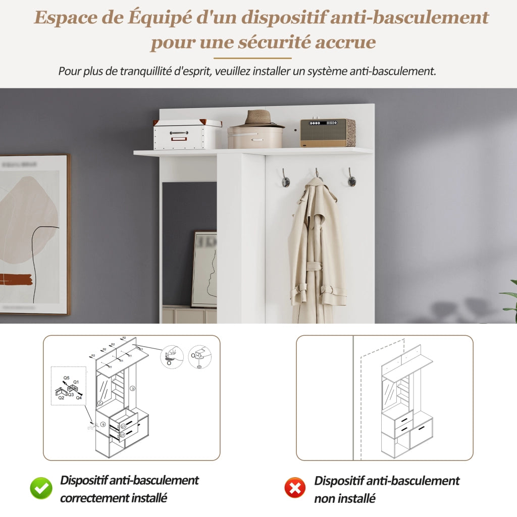 Armadio ingresso con 2 cassetti; 3 ganci; specchio; ripiani ribaltabili e 3 vani per ingresso e corridoio; bianco; 90 Ã— 30 Ã— 180 cm