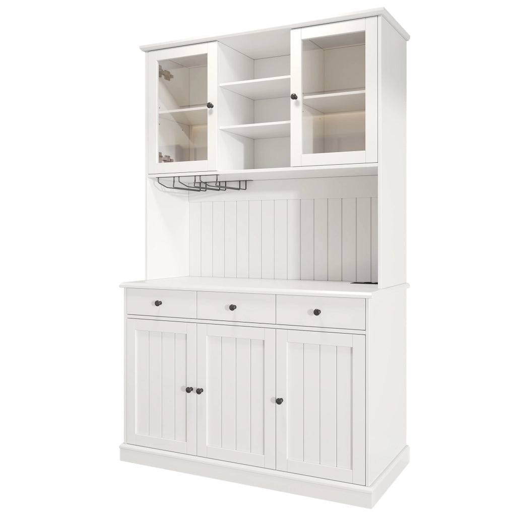 Credenza alta da soggiorno e sala da pranzo 120×40×191 cm, con ante in vetro, portabicchieri, prese e porte USB